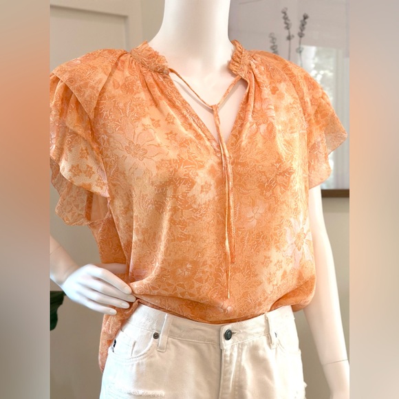 House of Harlow 1960 Peach and White Flutter Sleeve Blouse Tie Neck Size Large - Picture 1 of 8